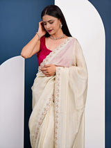 off white colour saree in red colour blouse 