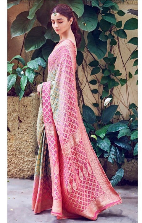 KcPc New Launch Pure Khaddi Georgette Upada Neemzari Bandhej Saree  Pista Pink