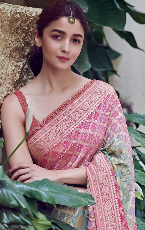 KcPc New Launch Pure Khaddi Georgette Upada Neemzari Bandhej Saree  Pista Pink