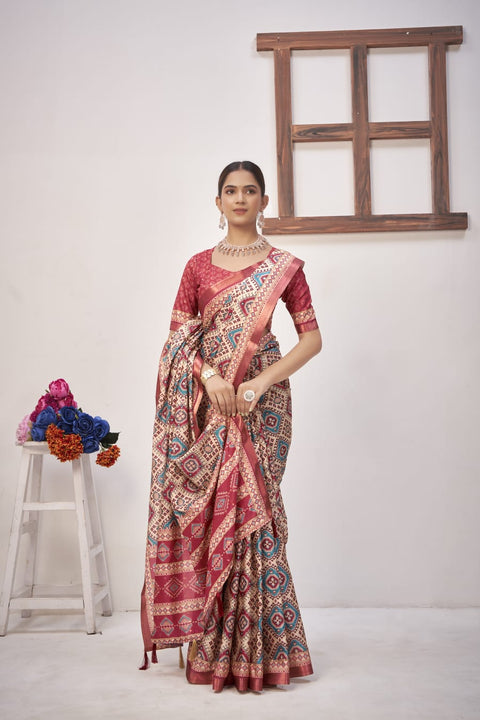KcPc New Elegant Cotton Silk Printed Saree with Zari Border Saree STR