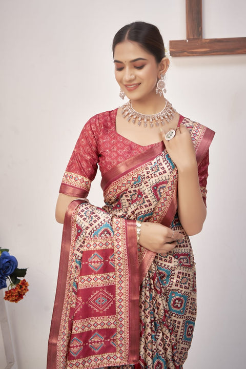 KcPc New Elegant Cotton Silk Printed Saree with Zari Border Saree STR