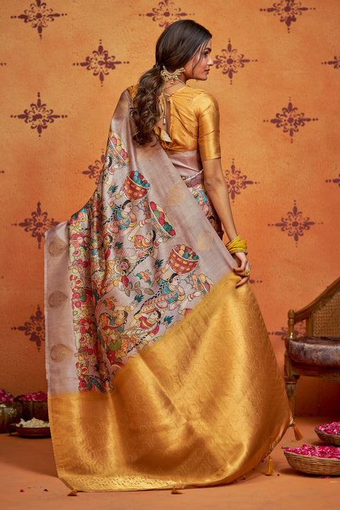 KcPc New Beautiful Tissue Silk Saree with Kalamkari Design Saree STR