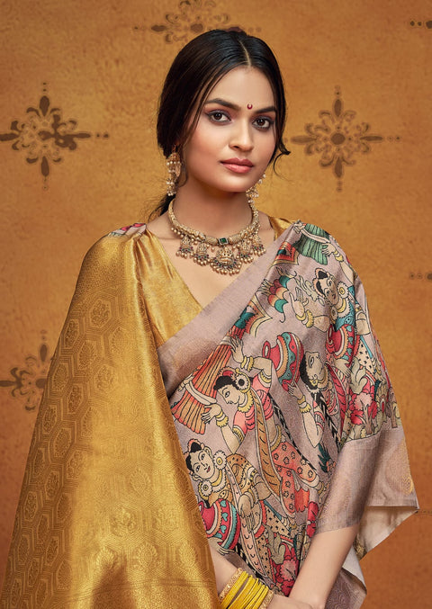 KcPc New Beautiful Tissue Silk Saree with Kalamkari Design Saree STR