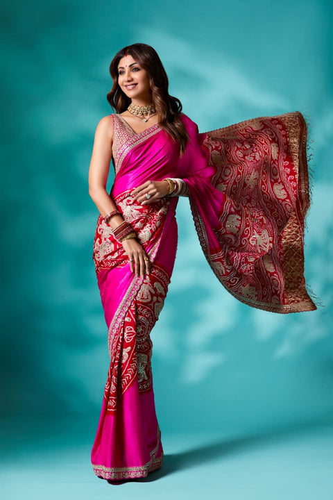 KcPc New Pure Gaji silk Bandhani Shilpa Shetty Designer Hand Gotapatti Work Saree AMT
