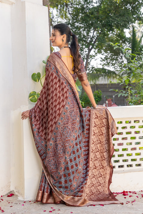 KcPc New Elegant Ajrakh Print Gaji Silk Saree for Festive Wear APL