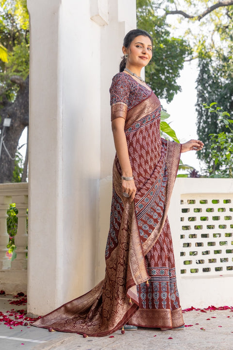 KcPc New Elegant Ajrakh Print Gaji Silk Saree for Festive Wear APL