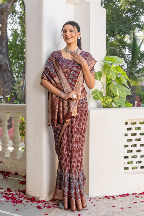 KcPc New Elegant Ajrakh Print Gaji Silk Saree for Festive Wear APL