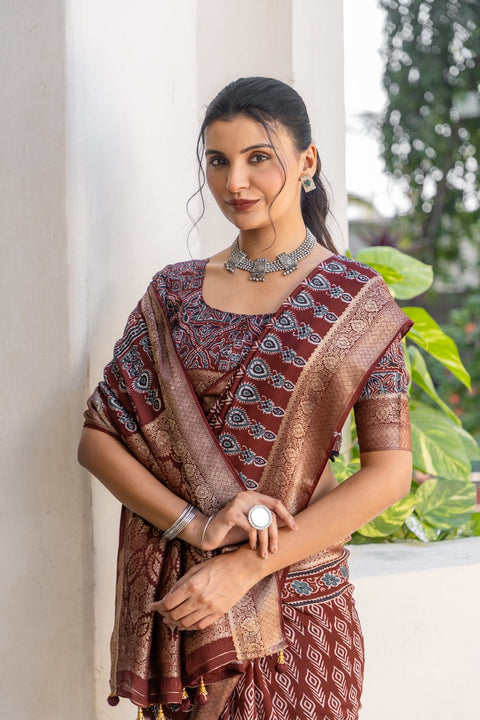KcPc New Elegant Ajrakh Print Gaji Silk Saree for Festive Wear APL