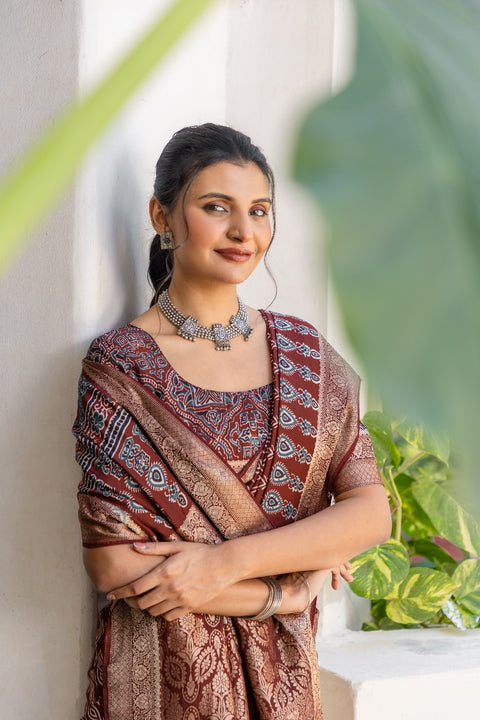 KcPc New Elegant Ajrakh Print Gaji Silk Saree for Festive Wear APL