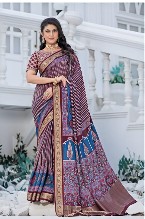 KcPc New Elegant Gaji Silk Saree with Ajrakh Print & Banarasi Border APL