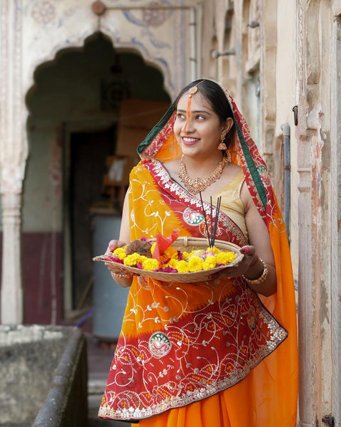 By  Bandhani Saree With Gotapatti Work