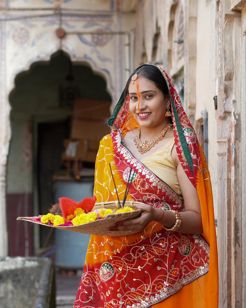 By  Bandhani Saree With Gotapatti Work