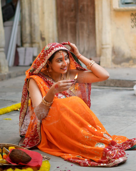 By  Bandhani Saree With Gotapatti Work