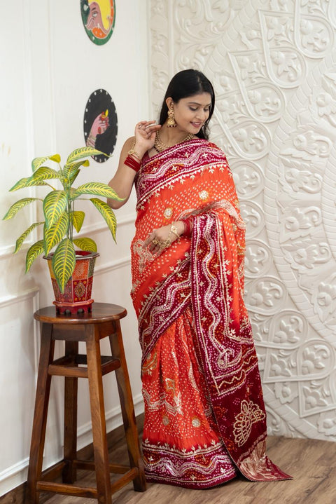 Red saree with white patterns Gaji Silk Bandhani Heavy Gotapatti Work 