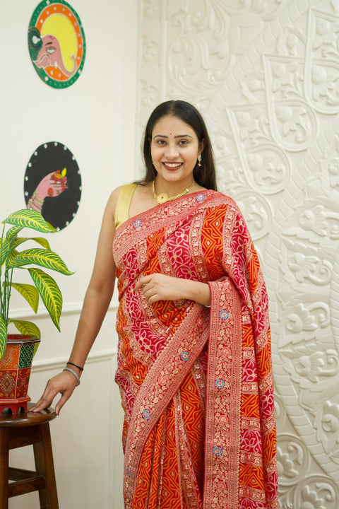 Georgette Banarasi Zari Weaving Saree in red colour