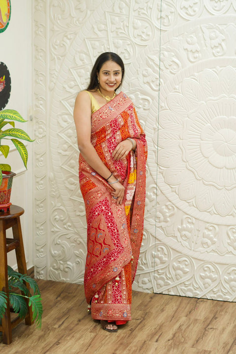 Georgette Banarasi Zari Weaving Saree in red colour