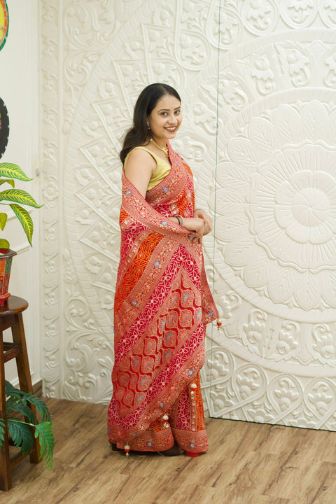 Georgette Banarasi Zari Weaving Saree in red colour