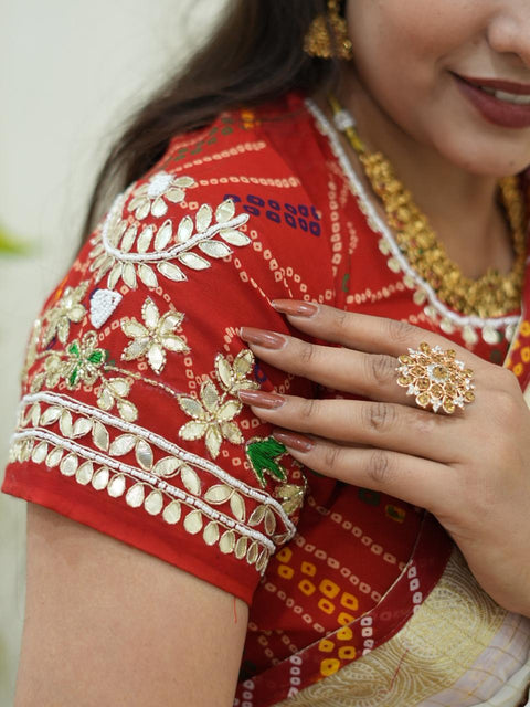 KcPc Pure Organza Gota Patti Bandhej Work Saree  satis