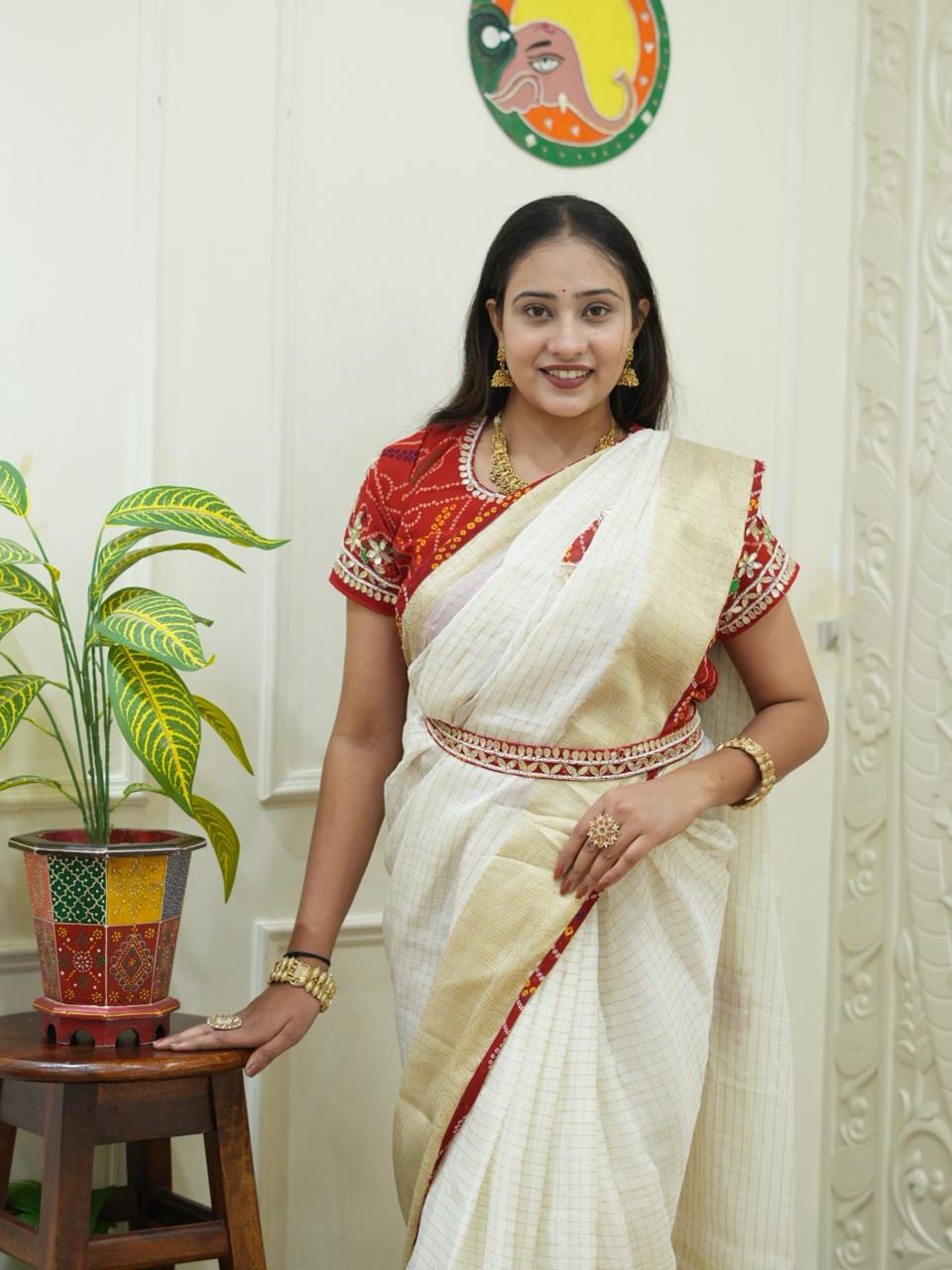 KcPc Pure Organza Gota Patti Bandhej Work Sareesatish