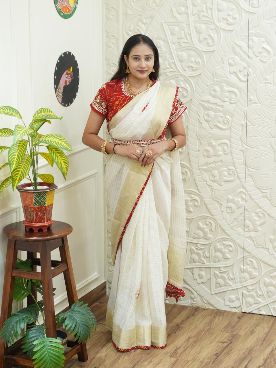 KcPc Pure Organza Gota Patti Bandhej Work Sareesatish