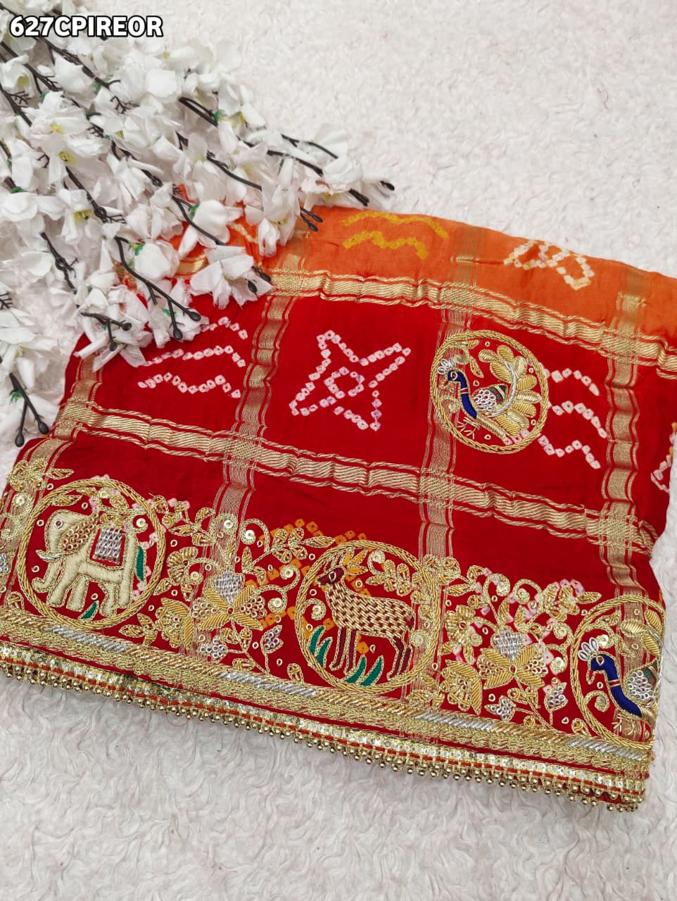 KcPc Jaipuri Dabka Work Vintage Pure Gaji Silk Bandhani Jardozi Work Ghatchola Odhna in Aara Tari Handwork Pila (Red Orange)
