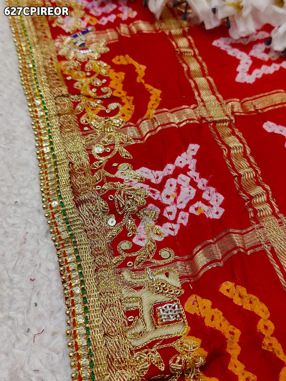 KcPc Jaipuri Dabka Work Vintage Pure Gaji Silk Bandhani Jardozi Work Ghatchola Odhna in Aara Tari Handwork Pila (Red Orange)