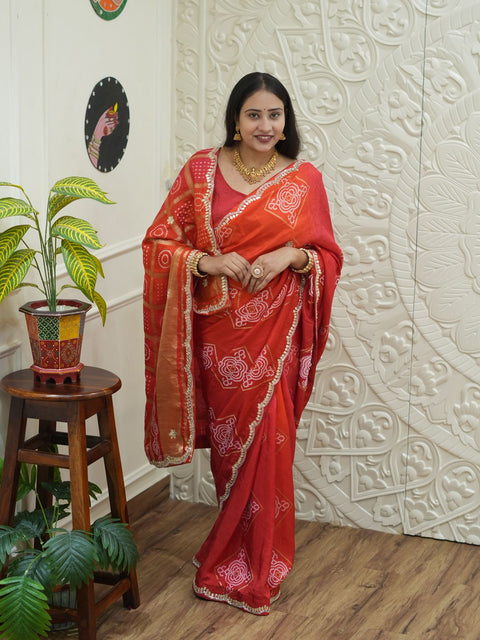 Gaji Silk Bandhani Saree  with gotapati work 