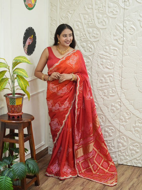 Gaji Silk Bandhani Saree  with gotapati work 