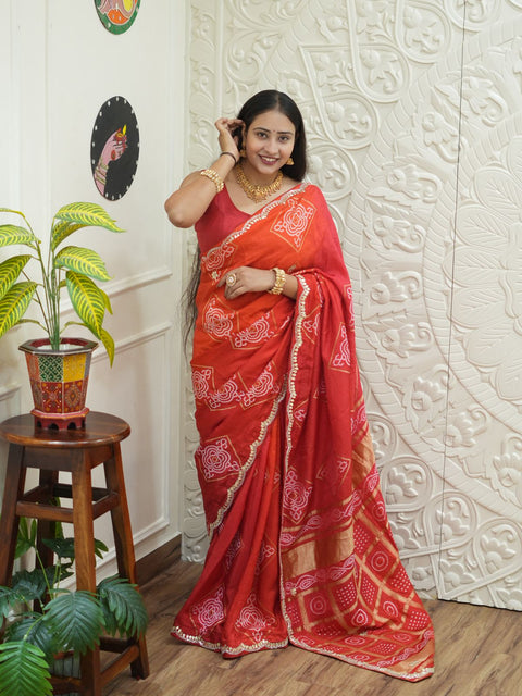 Gaji Silk Bandhani Saree  with gotapati work 