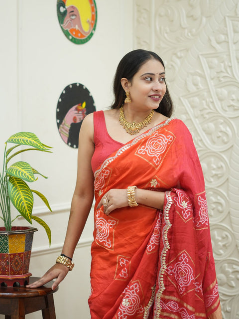Gaji Silk Bandhani Saree  with gotapati work 