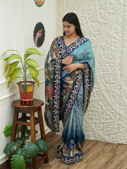 KcPc New Graceful Kalamkari Crepe Silk Saree with Intricate Cutdana Gota Patti Embellishment  SATA