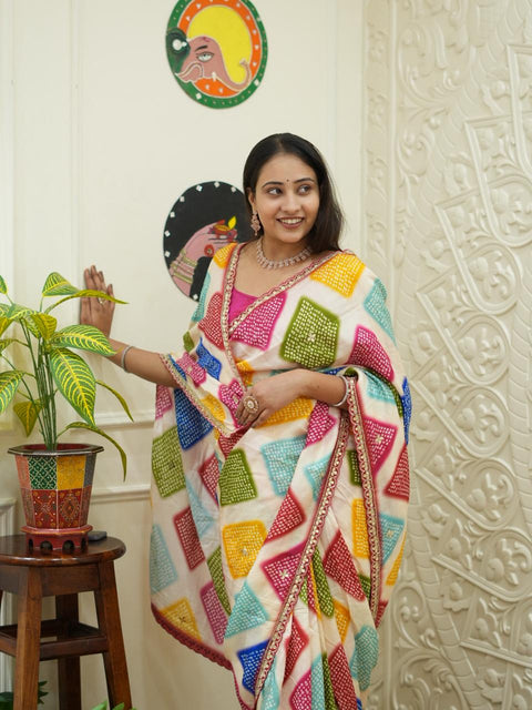 Silk Saree with Traditional Bandhani Designe Cutdana Gota Patti in multi colour