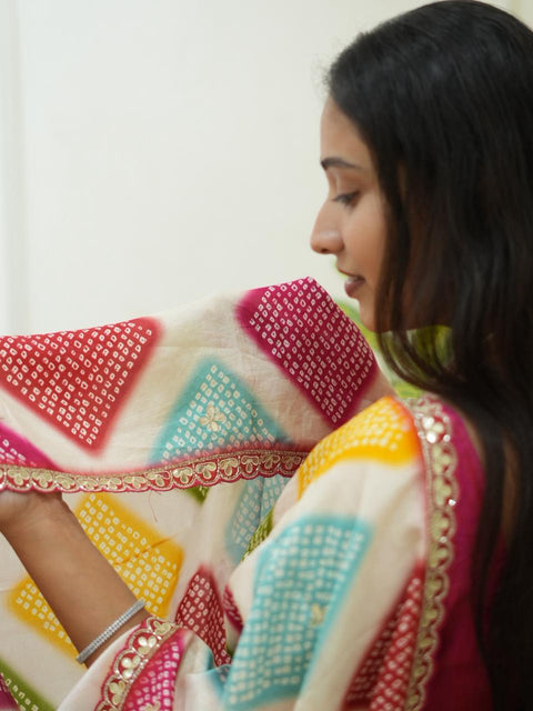 Silk Saree with Traditional Bandhani Designe Cutdana Gota Patti in multi colour