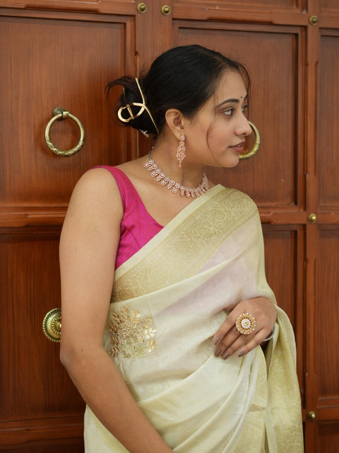 By New Premium Banarasi Tissue Silk Saree With Gota Patti Zardozi Work