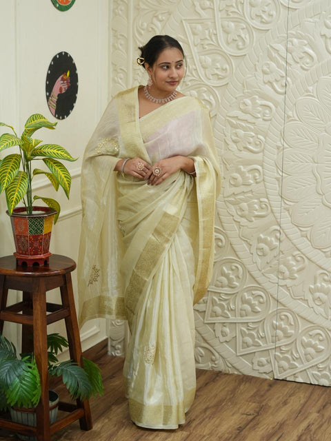 By New Premium Banarasi Tissue Silk Saree With Gota Patti Zardozi Work