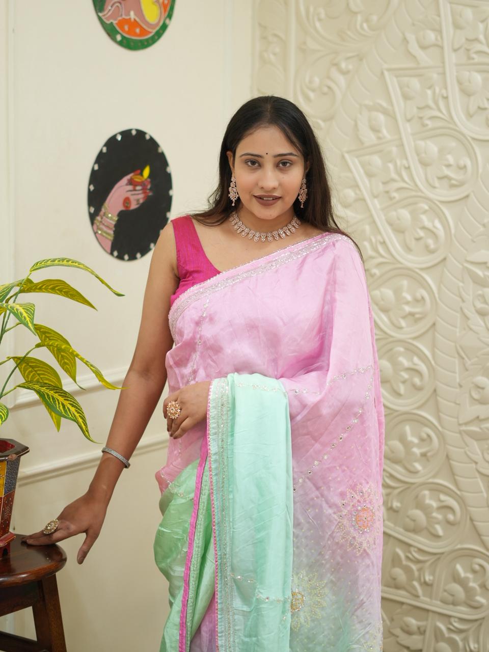 By Graceful Upada Silk Saree with Bandhani Print and Cutdana Work KcPc