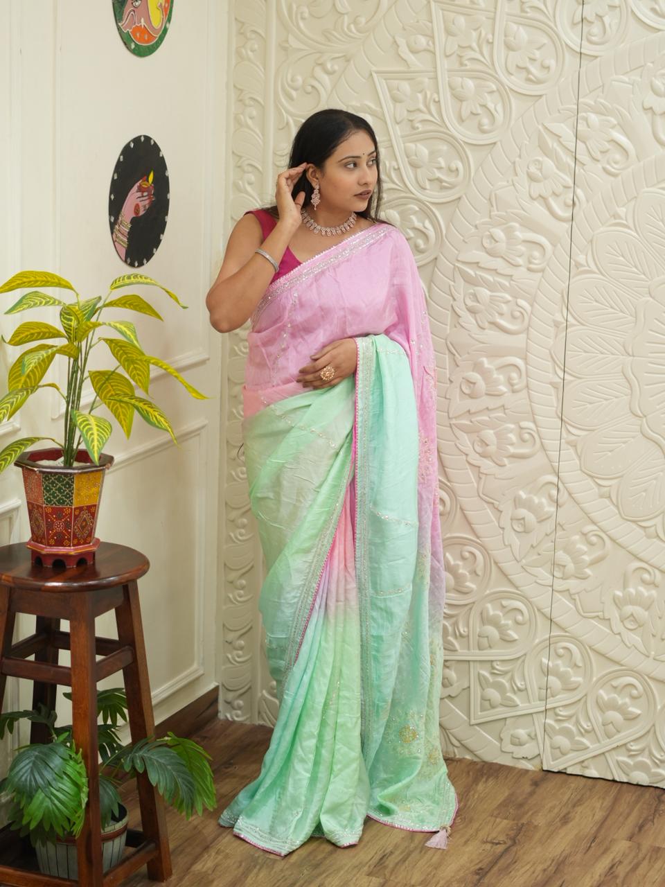 By Graceful Upada Silk Saree with Bandhani Print and Cutdana Work KcPc