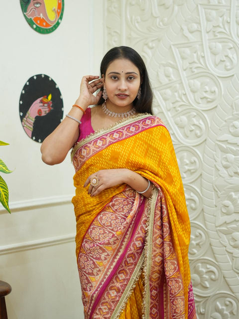 By New Classic Patola Pattern Saree With Beautiful Embroidery Finish KCPC