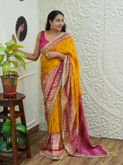 By New Classic Patola Pattern Saree With Beautiful Embroidery Finish KCPC