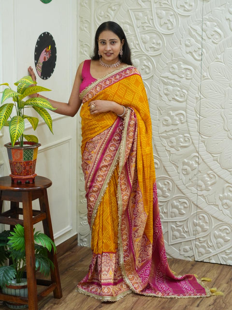 By New Classic Patola Pattern Saree With Beautiful Embroidery Finish KCPC
