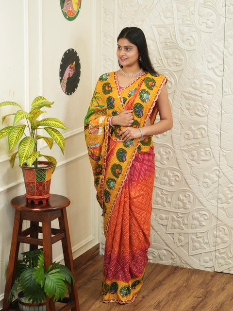 Buy New Bandhani Style With Cutdana Mirror Work Saree KcPc