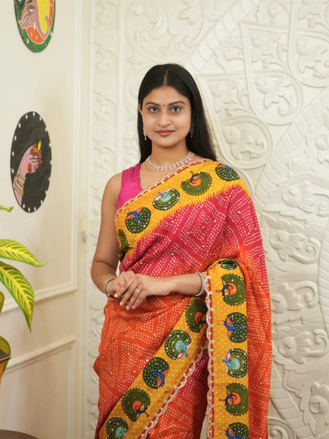 Buy New Bandhani Style With Cutdana Mirror Work Saree KcPc