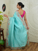 By sea green Banarasi silk saree with sequence embroidery work in a floral pattern KcPc 