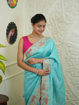 By sea green Banarasi silk saree with sequence embroidery work in a floral pattern KcPc 