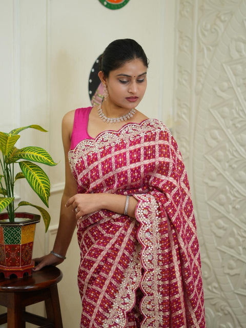 By Georgette Bandhani With Kolkata Zardoji Work Saree KcPc 