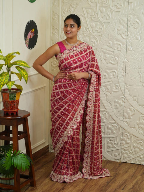 By Georgette Bandhani With Kolkata Zardoji Work Saree KcPc 