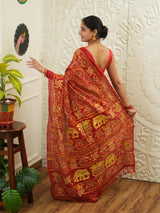 KcPc Designer Vintage Look Cotton Ghatchola Aara Tari Work SareeCHA Red