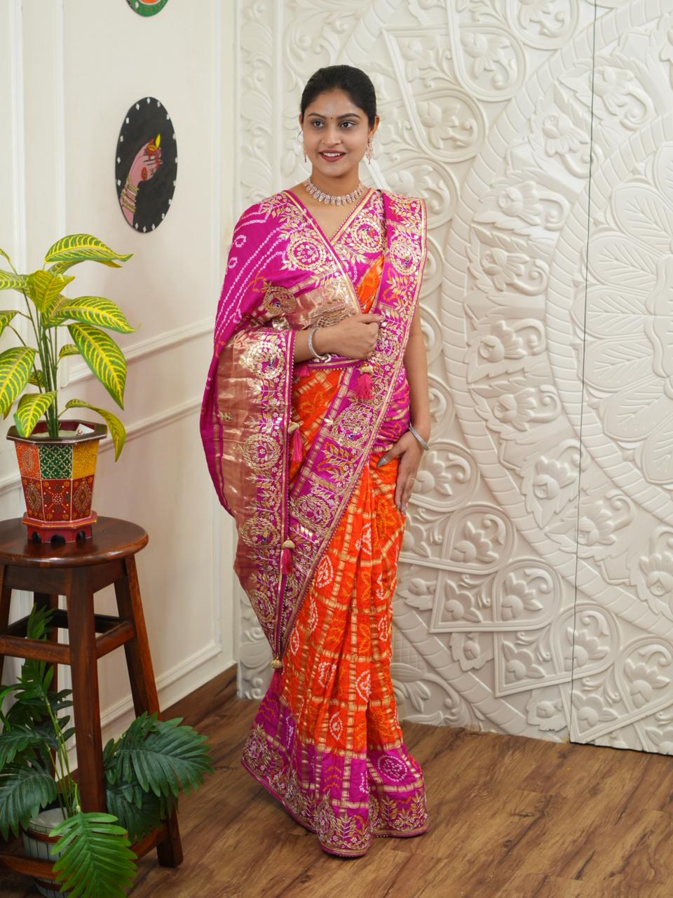 By New Bandhani Saree with Gotapatti Work