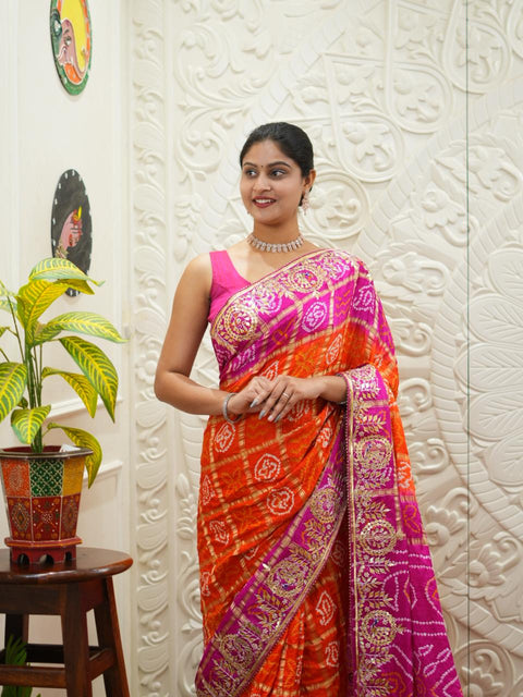 By New Bandhani Saree with Gotapatti Work