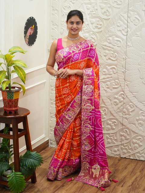 By New Bandhani Saree with Gotapatti Work